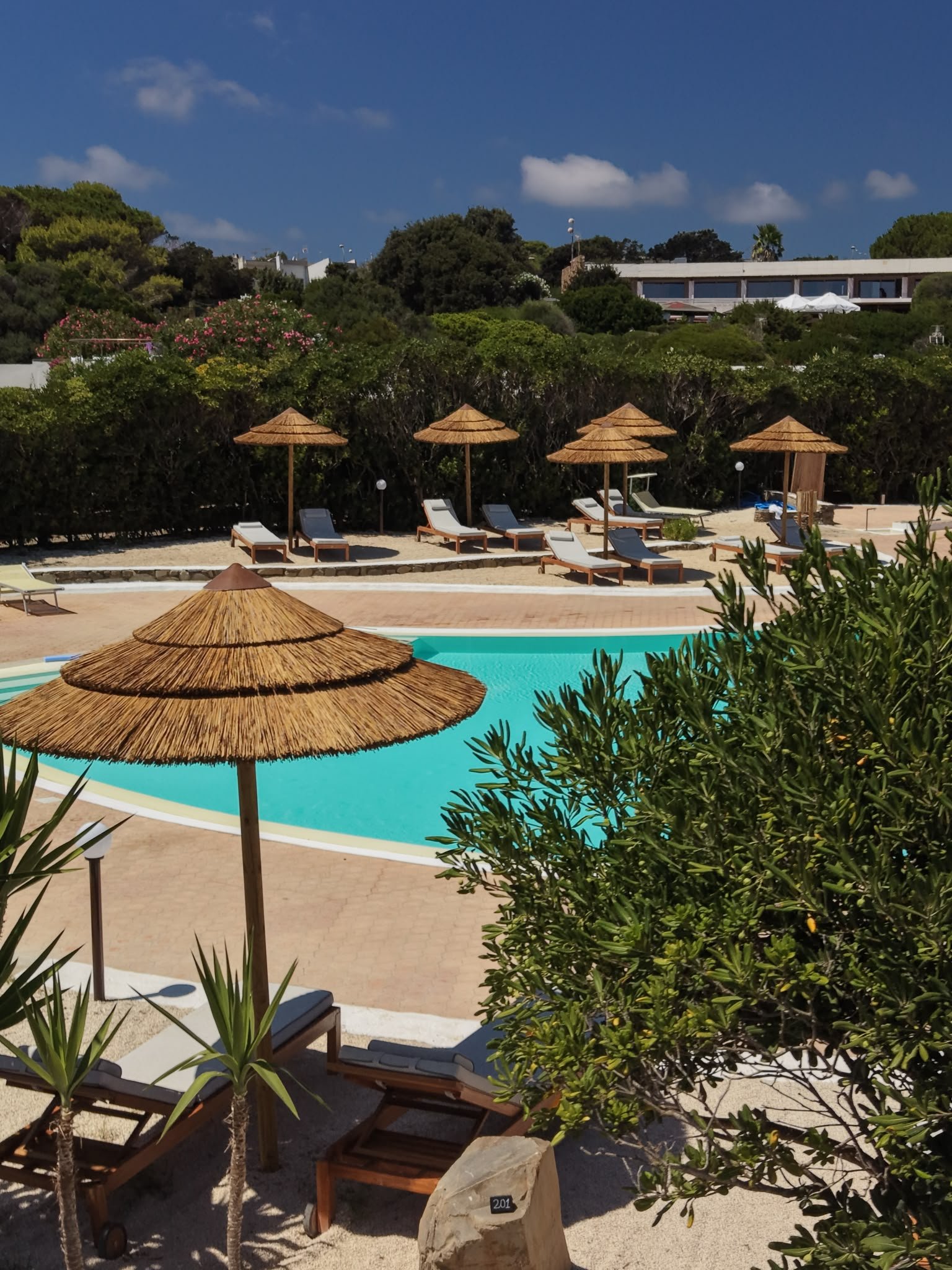 Ombrelloni di paglia e macchia mediterranea intorno alla piscina